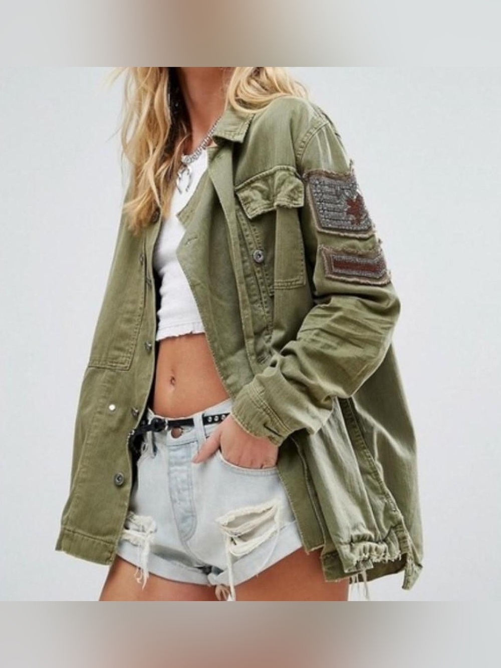 Free People Embellished Military Shirt Jacket Size Large